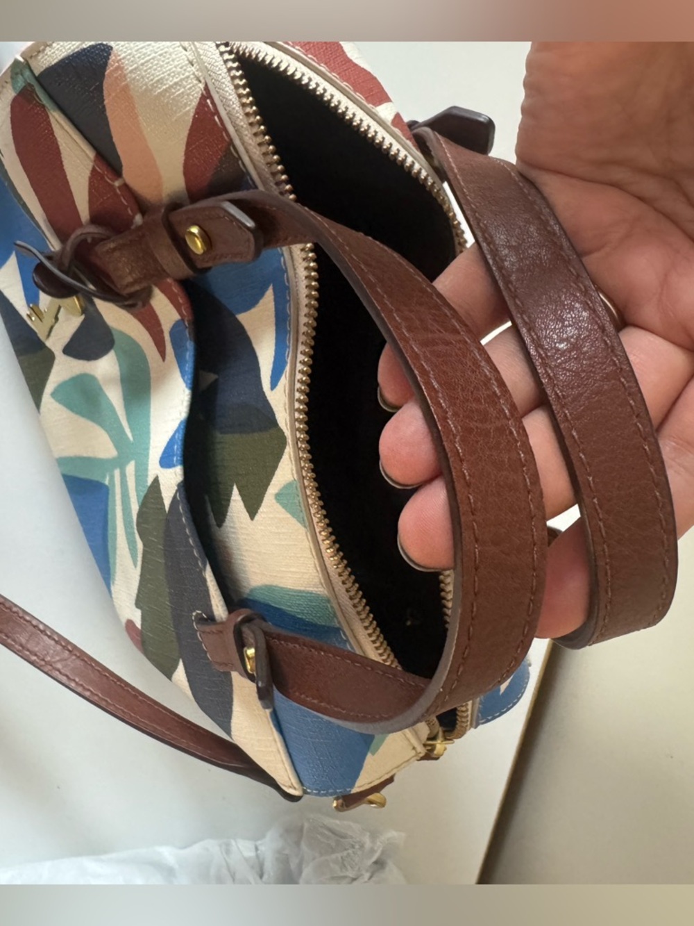 Fossil - Multicolor Leaf-Print Dome Satchel Bag - Brown Trim - Picture 3 of 6